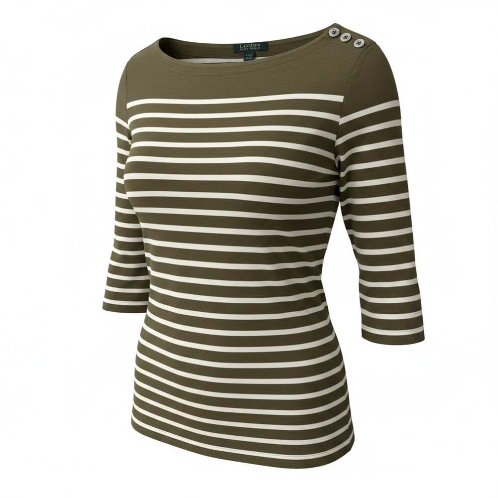 Lauren Ralph Lauren Striped Boatneck 3/4 Sleeve Top with Anchor Buttons Size XL